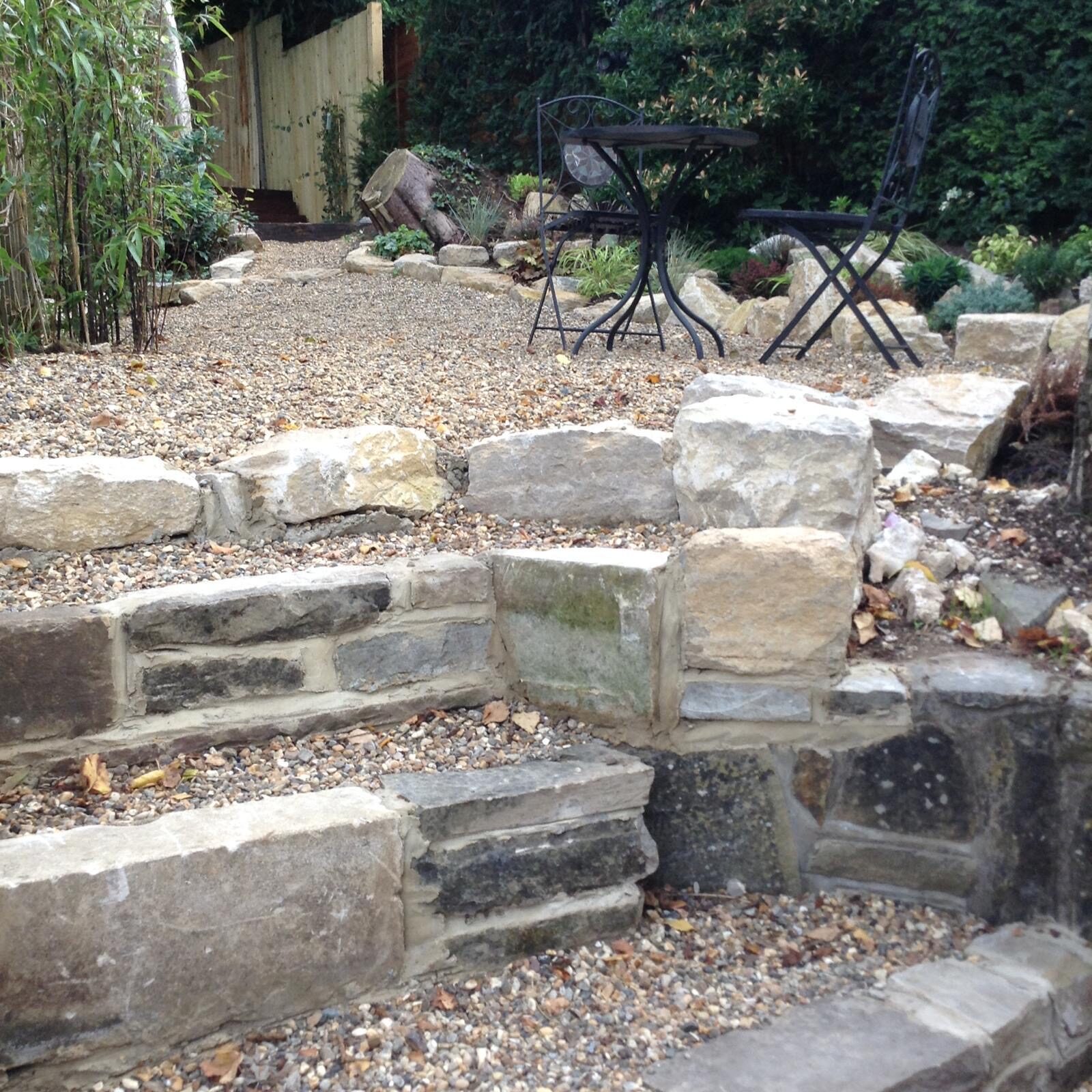 Landscaped garden with water feature and rockery in Surrey