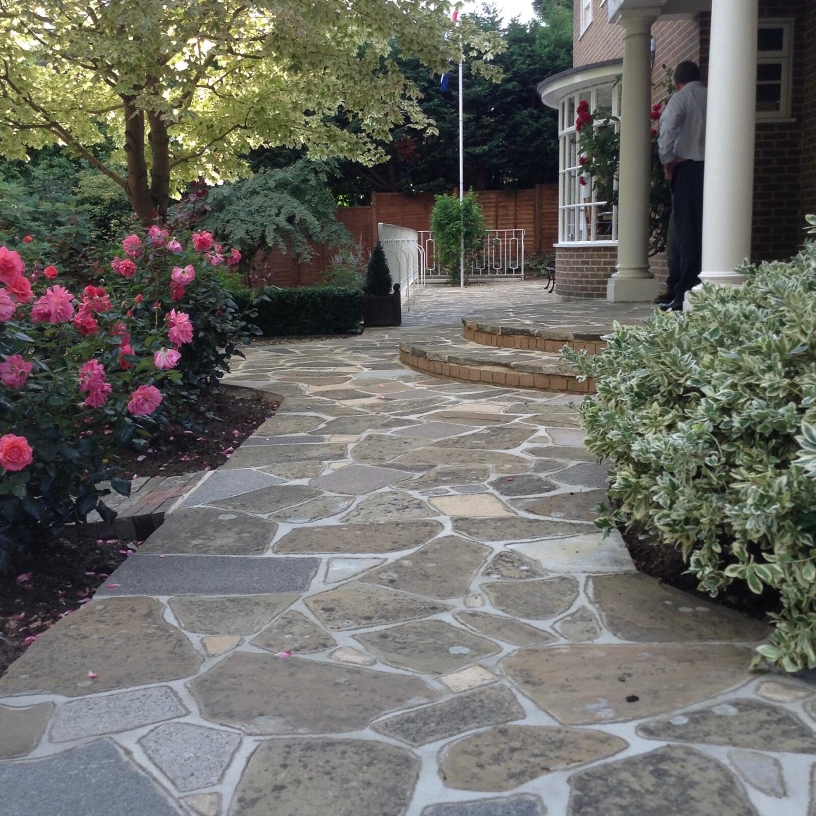 Indian sandstone patio with garden planting in Surrey